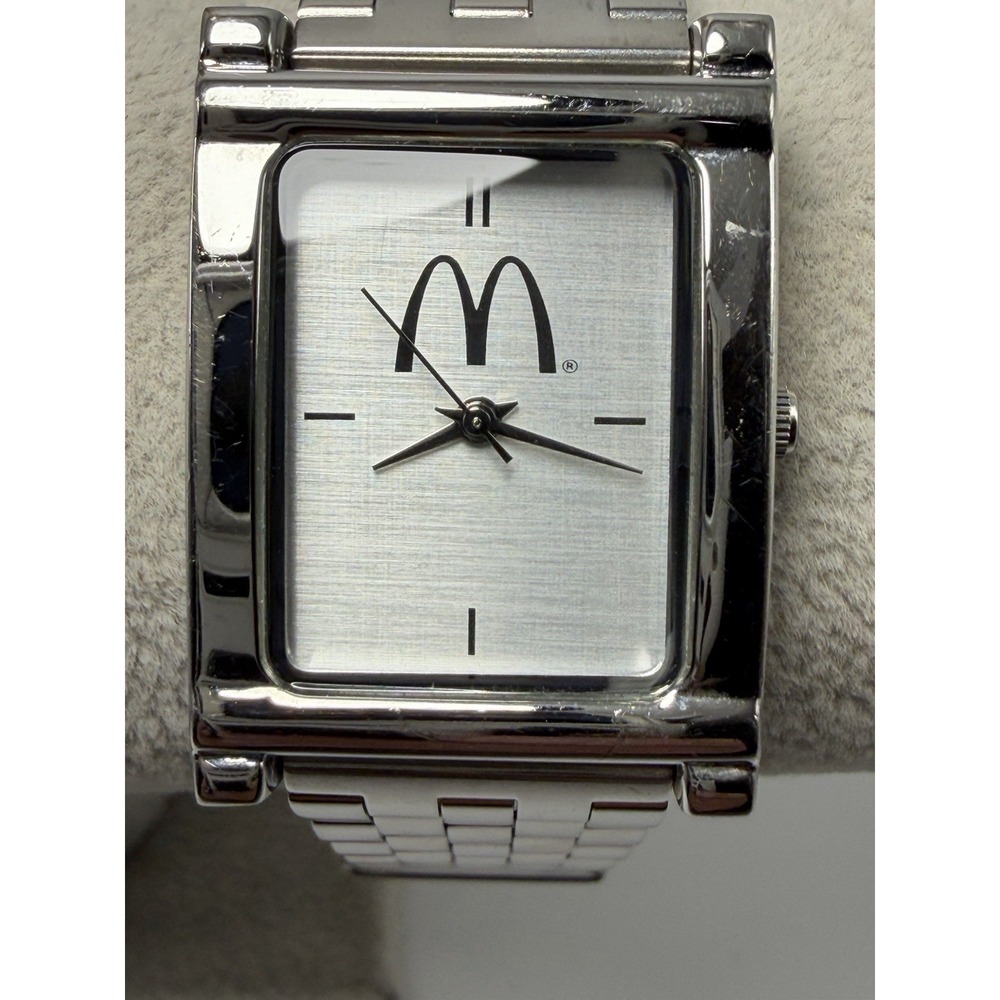 McDonalds Sweda Ladies Tank Watch New Battery 25MM 6" Silver Tone Vintage